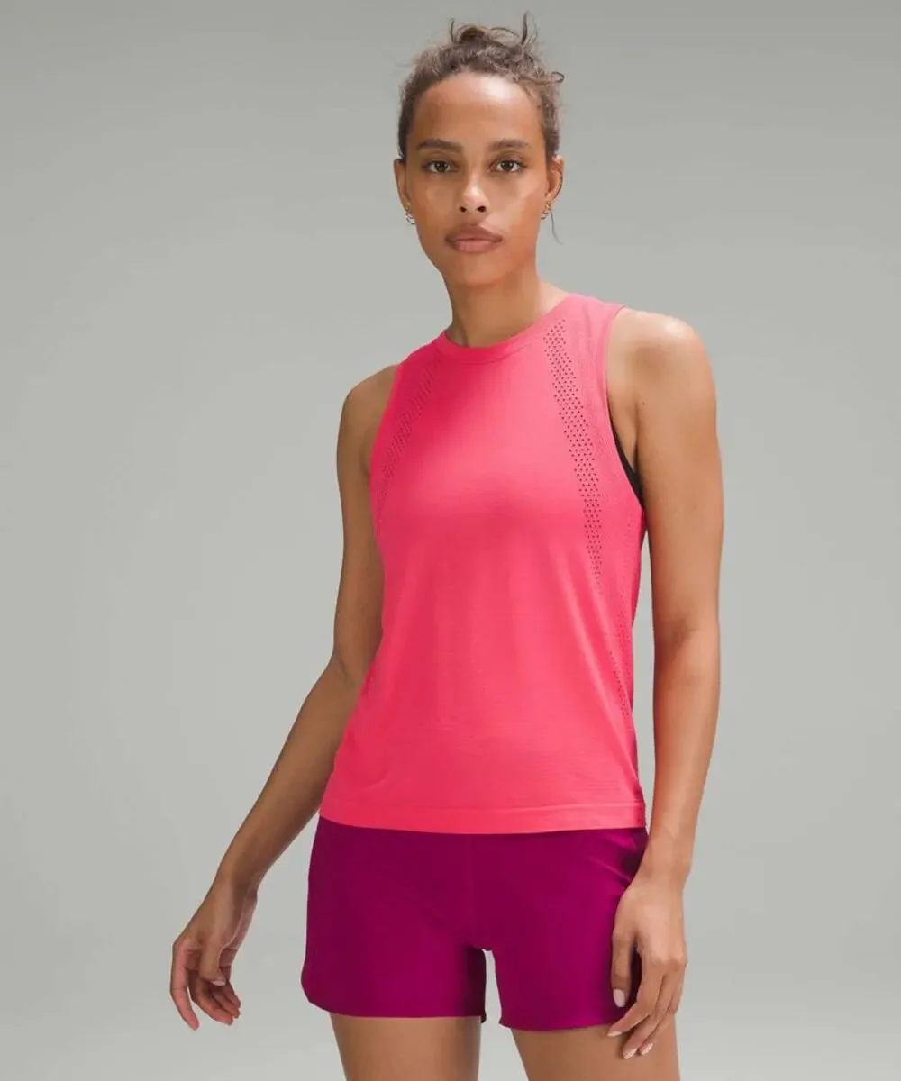Lululemon Train To Be Tank Open-Hole Knit Mesh Silverescent Top Lip Gloss Pink 4